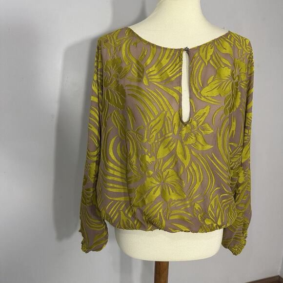 Cynthia Vincent Velvet Tropical Boho Artsy Top Large Blouse Peasant Neon Citron - Picture 8 of 10